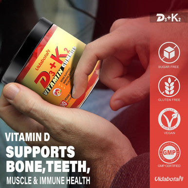 Sugar Vitamin D3 K2 Gummies 5000Iu With Calcium, Magnesium And Zinc For Bone, Teeth, Muscle, Natural Peach Flavor, Vegan, 90 Chewable Gummies