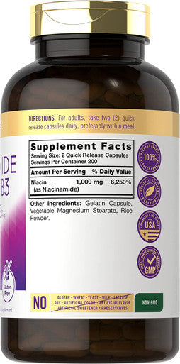 Carlyle Niacinamide Vitamin B3 1000 mg | 400 Capsules | High Potency Formula | Non-GMO, Gluten Free