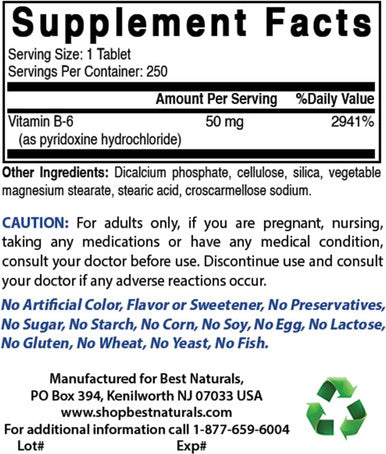 Best Naturals Vitamin B6 50 mg 250 Tablets (250 Count (Pack of 2))
