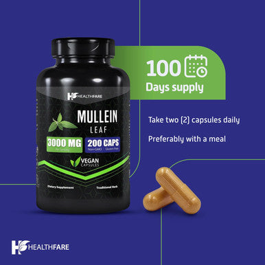 Healthfare Mullein Leaf Capsules | 3000Mg | 200 Count | Support Lung Cleanse & Respiratory Health | Max Potency Formula | Non-Gmo And Gluten-Free