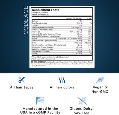 Codeage Hair Gummies Biotin 5000 mcg Sugar Growth Gummy Vitamins A C B6 B12 D3 Zinc Inositol Supplement Women & Men Pantothenic Folic Acid Nails Skin Strawberry Coconut Flavor 60 ct
