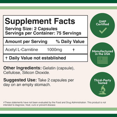 Acetyl L-Carnitine 1,000mg Per Serving, 150 Capsules