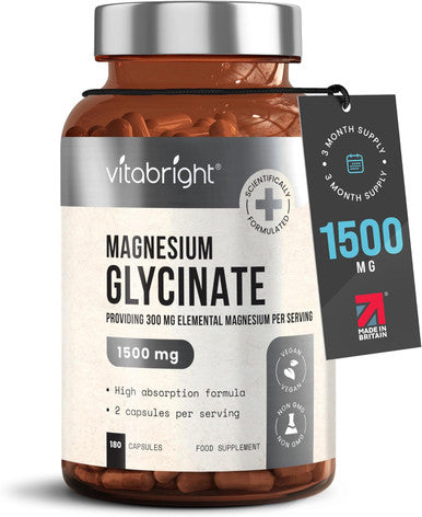 Vitabright Chelated Magnesium Glycinate 300mg Elemental Magnesium (1500mg Magnesium Bisglycinate) 180 Magnesium Capsules x2 Day High Strength Magnesium Supplements for Sleep VitaBright Pure Magnesium Glycinate