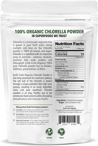 Earth Circle Organics Organic Chlorella Powder Superfood | Kosher | Broken Cell Wall ChlorophylI Vegan Super Green Algae Clean Chlorella High in Protein Fiber & Amino Acids - 4oz