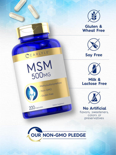 Carlyle MSM Supplement | 500mg | 200 Capsules | Non-GMO and Gluten Formula | Methylsulfonylmethane