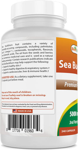 Best Naturals Sea Buckthorn Oil Powder Capsules 5000 mg Equiavelnt 240 Capsules - Non-GMO Gluten - Contains Naturally Occuring Omega-7 Palmetoleic Acid