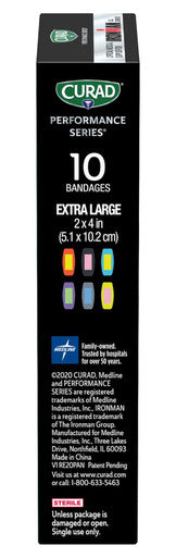 Curad Performance Series IRONMAN Antibacterial Bandages Extreme Hold Adhesive Technology Extra Large Flexible Fabric Bandages for Cuts Scrapes & Burns Assorted Colors 2 x 4 inches 10 Count