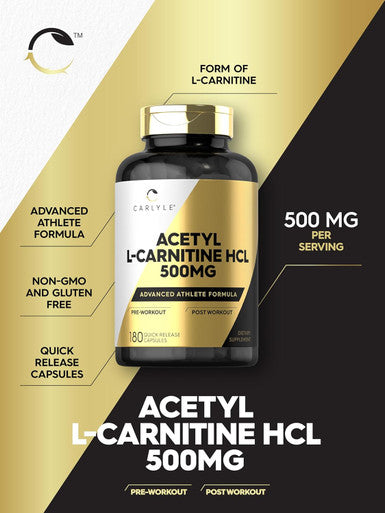 Carlyle Acetyl L-Carnitine HCL | 500mg | 180 Count | Non-GMO and Gluten Supplement