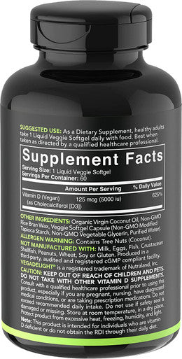 Vegan Vitamin D3 5000iu 125mcg with Coconut Oil 100 PlantBased Vitamin D Supplement for Bone Joint Immune Support Carrageenan Vegan NonGMO Verified 60 PlantGels