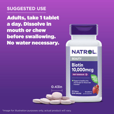 Natrol Biotin 10000mcg 4X Faster Dissolve Supplement for Healthy Hair, Skin and Nails for Those Low in Biotin Plus Energy Metabolism Support 60 Tablets