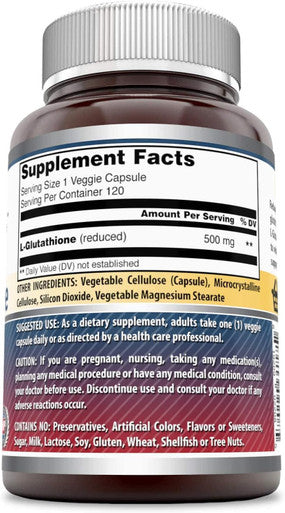 Amazing Nutrition Formulas L-Glutathione 500 Mg 120 Veggie Capsules | Non-GMO | Gluten | Made in USA | Suitable for Vegetarians