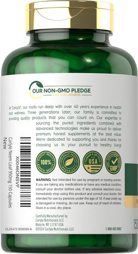 Carlyle Neem Leaf | 950mg | 150 Powder Capsules | Non-GMO and Gluten Formula | Value Size | Traditional Herbal Supplement | Azadirachta Indica