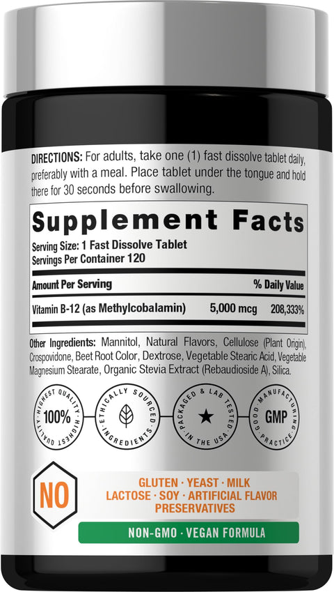 Horbaach B12 Vitamin 5000 mcg 120 Fast Dissolve Tablets Sublingual Methylcobalamin Natural Berry Flavor Vegan NonGMO and Gluten Free Supplement