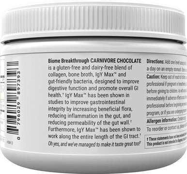 Biome Breakthrough Repair Powder - Chocolate Flavor - Has Lactobacillus Strains, Bone Broth & Collagen - Source of L-Glutamine - Gas & Bloating Relief - Improves Gut Health - 30 Servings - 150g