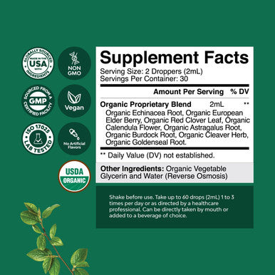Natures Craft Organic Lymphatic Drainage Drops - Herbal Lymphatic Cleanse and Immune Support Supplement with Echinacea Goldenseal & Red Clover Extract - Vegan Non GMO Alcohol and Sugar - 30 Servings