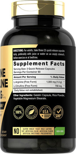 Carlyle L-Arginine L-Citrulline Complex | 2250mg | 240 Capsules | Nitric Oxide Precursors | Form | Non-GMO & Gluten