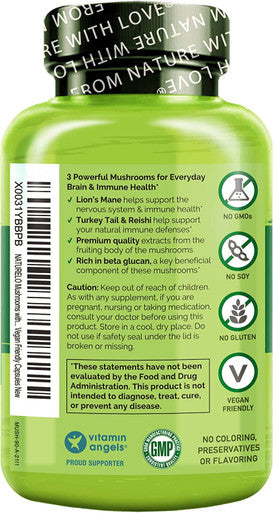 NATURELO Mushroom Supplement Ãƒâ€šÃ¢â‚¬â€œ Brain & Immune Health Blend with LionÃƒâ€šÃ¢â‚¬â„¢s Mane, Reishi, Turkey Tail Ãƒâ€šÃ¢â‚¬â€œ 90 Vegan Friendly Capsules