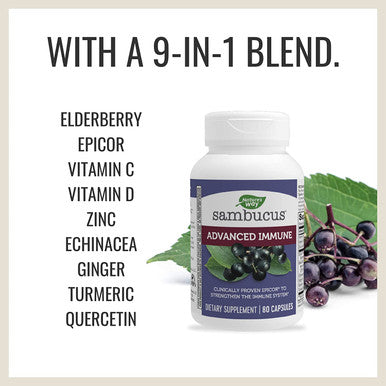 Nature's Way Sambucus Advanced Immune Capsules with Black Elderberry, Vitamin C, Vitamin D, Echinacea*, and Zinc, Immune Support with EpiCor*, 80 Count