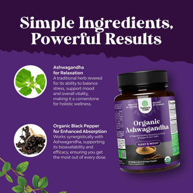 Natures Craft High Strength Organic Ashwagandha Supplements - Calm Mood Support Ashwagandha with Black Pepper for Enhanced Absorption - Vegan and Non-GMO (60 Tablets)
