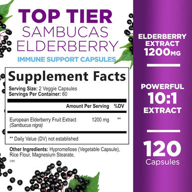Nature'S Nutrition Elderberry Immune Support 10:1 Extract Capsule - Daily Immune Support Supplement for Adults Natural Sambucus Black Elderberry Antioxidant Vegan Vitamin Sugar & Gluten Non-GMO - 120 Capsules