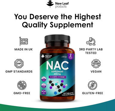 Nac N-Acetyl-Cysteine 600Mg (Per Serving) N-Acetyl Cysteine Nutritional Supplements 120 Nac Tablets - Nac Supplement High Bioavailability Amino Acid - Vegan Friendly - Made In Uk By Leaf