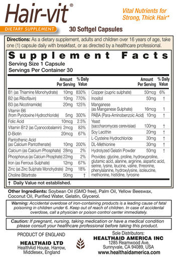 Hair-Vit, 30 Capsules, Once Daily, Vital Nutrients For Strong, Thick, & Shiny Hair, Rich In B- Vitamins & Essential Amino Acids