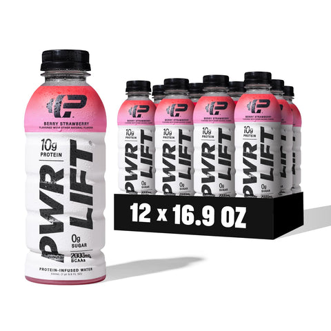 Whey Protein Water Sports Drink by PWR LIFT | Berry Strawberry | Keto, Vitamin B, Electrolytes, Zero Sugar, 10g of Protein | Post-Workout Energy Beverage | 16.9 Fl Oz (Pack of 12)
