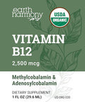 Earth Harmony Organic Vegan Vitamin B12 Sublingual Liquid Supplement - 2500Mcg Methylcobalamin Drops For Natural Energy, Metabolism Health And Immune System Support - 1 Fl Oz