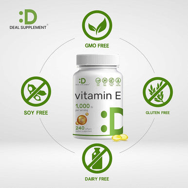 Deal Supplement Vitamin E Supplements 1000 IU Per Serving 240 Softgels Extra Strength Antioxidant Protection Bioavailable Stable Form Skin Heart Brain & Immune Support Non-GMO