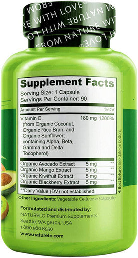 NATURELO Vitamin E - 180 mg (300 IU) of Natural Mixed Tocopherols from Organic Whole Foods - Supplement for Healthy Skin, Hair, Nails, Immune & Eye Health - Non-GMO, Soy Free - 90 Vegan Capsules