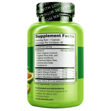 NATURELO Vitamin E - 180 mg (300 IU) of Mixed Tocopherols from Organic Foods - Supplement for Healthy Skin, Hair, Nails, Immune & Eye Health - Non-GMO, Soy Free - 90 Vegan Capsules