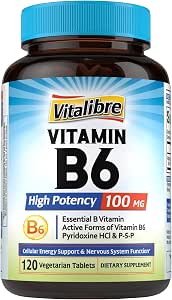 Vitamin B6 100mg Tablets High Potency Bioactive Pyridoxine HCl and Pyridoxal5'Phosphate Supports Energy Metabolism and Nervous System Health Vegan 120 Ct