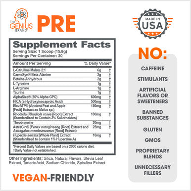 Genius Pre Workout Powder, Blue Raspberry - All- Nootropic Pre-workout & -Free Nitric Oxide Booster Supplement with Beta Alanine & Alpha GPC - No Flavors, Sweeteners, or Dyes