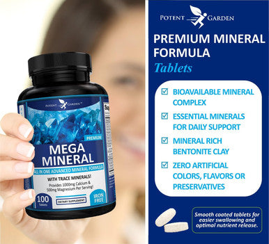 Potent Garden Mega Mineral Supplement Complete Mineral Complex With Calcium Magnesium Zinc Potassium Boron Selenium Chromium & 72 Trace Minerals Iron Calcium Supplement -100 Pills