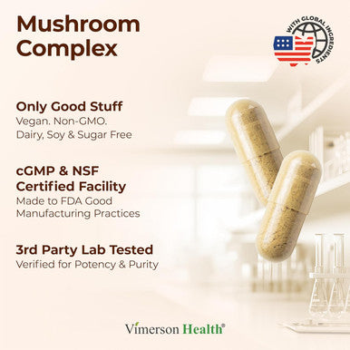Mushroom 10x Complex with Lions Mane Extract Turkey Tail Cordyceps Reishi Shiitake Chaga & Maitake for Cognitive Support Vegan Mushroom Supplement Blend for Natural Energy & Focus 60 Capsules