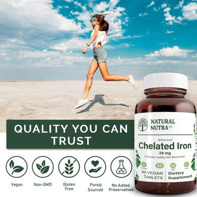 Natural Nutra Chelated Iron Supplement For Men And Women, Nails Health, Promotes Optimal Absorption, Skin Health, Improves Hair Growth, Gluten Free, 90 Tablets
