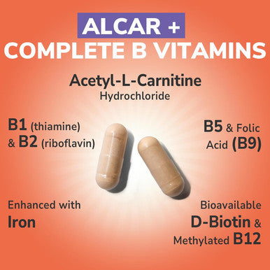 Vitalibre Acetyl-L-Carnitine Hcl 1250Mg, With B1, B2, Niacin, Biotin, Folic Acid, Methyl B12, B5 & Iron, B Vitamins, High Potency, Energy, Brain Support, 120 Vegan Caps