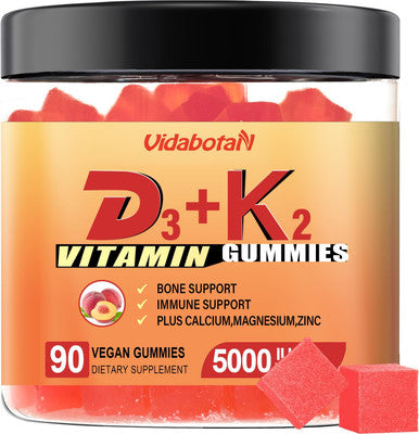 Sugar Vitamin D3 K2 Gummies 5000Iu With Calcium, Magnesium And Zinc For Bone, Teeth, Muscle, Natural Peach Flavor, Vegan, 90 Chewable Gummies