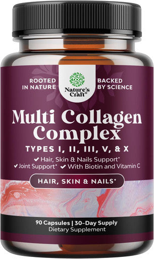 Natures Craft Advanced Multi Collagen Complex - Biotin and Collagen Supplement for Men and Women with BioPerine and Vitamin C - Type 1 2 3 5 & X Collagen Pills for Bone and Joint Support Hair Skin and Nails