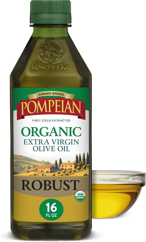Pompeian Smooth Organic Extra Virgin Olive Oil - 16 fl oz | First Cold Pressed Olive Oil for Cooking - Smooth Taste for Sauteing, Stir-Frying, and Baking