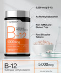 Horbaach B12 Vitamin 5000 mcg 120 Fast Dissolve Tablets Sublingual Methylcobalamin Natural Berry Flavor Vegan NonGMO and Gluten Free Supplement