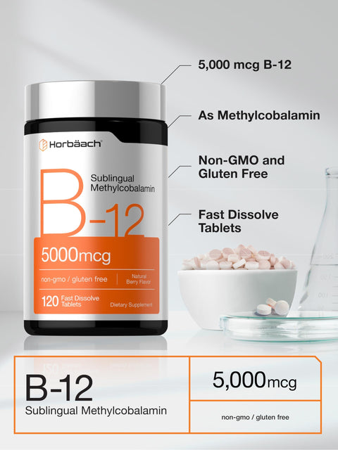 Horbaach B12 Vitamin 5000 mcg 120 Fast Dissolve Tablets Sublingual Methylcobalamin Natural Berry Flavor Vegan NonGMO and Gluten Free Supplement