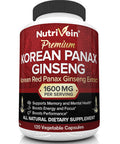 Nutrivein Pure Korean Red Panax Ginseng 1600mg - 120 Vegan Capsules - High Strength 5% Ginsenosides - Ginseng Root Extract Powder for Energy, Potency, Strength, Vigor and Focus for Men and Women