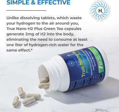 True Nano H2 With Green Tea By H2 Universe Molecular Hydrogen With Active Hydrogen Nanobubbles, Boosts Energy, Powerful Antioxidant 60 Capsules