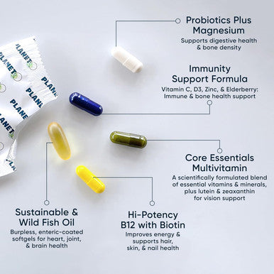 Planet 3 Vitamin Packs, Daily Vitamins For Immune, Energy, Heart & Vision Support Multivitamins, Vitamin D, Probiotics, Omega 3, Methyl B12 Core Supplements For Women And Men 30 Daily Packs