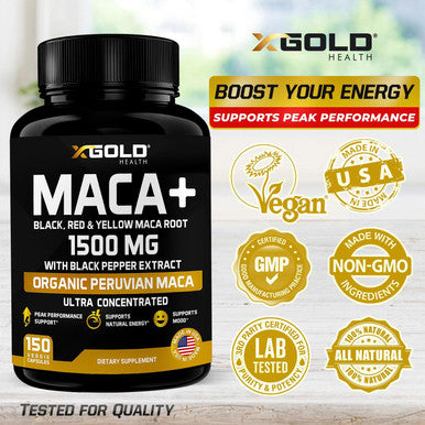 X Gold Health Organic Maca Root Powder Capsules 1500Mg With Black Red & Yellow Peruvian Maca Root Extract Gelatinized, Energy & Mood Supplement For Men & Women + Black Pepper For Best Benefits