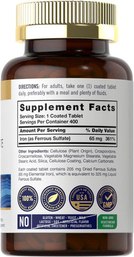 Iron Ferrous Sulfate 65 Mg | 400 Tablets | Non-Gmo, Gluten Free, And Vegetarian Supplement | High Potency | By Carlyle