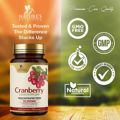 Cranberry Concentrate Extract 25,000mg + Vitamin E & C, Triple Strength Capsules, Supports Urinary Health & Immune System Cranberry Pills for Women & Men, Nature's Non-GMO Supplement - 120 Softgels