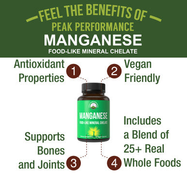 Manganese Supplement Food Like Mineral Chelated For Superior Absorption With Whole Food Blend Of 25+ Fruits & Vegetables. Pure