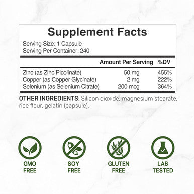 Deal Supplement Zinc 50mg with Selenium 200mcg + Copper 240 Capsules 8 Month Supply 3 in 1 Mineral Formula